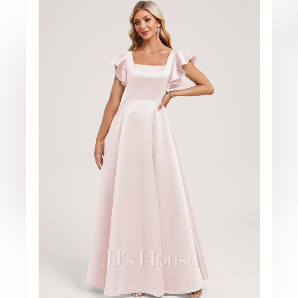 JJ's House Yeva Blushing Pink A-line Square Ruffle Satin Dress